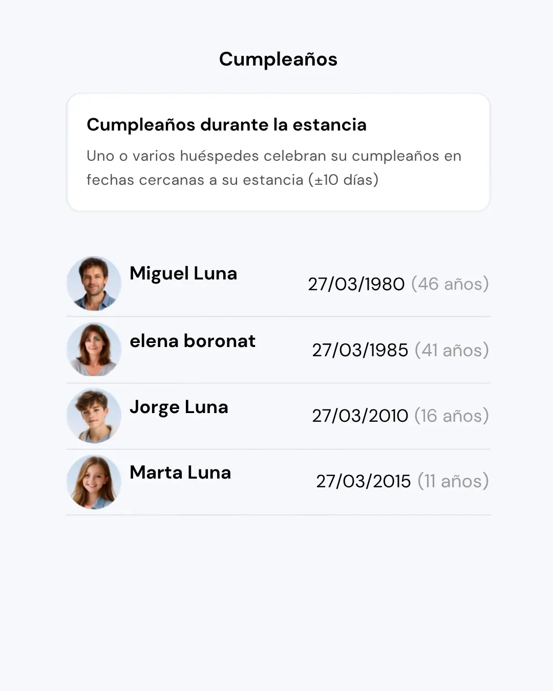 Aviso de cumpleaños de huéspedes durante la estancia en Hotelgest