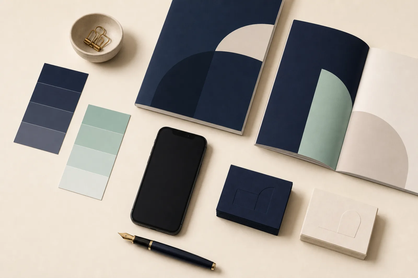 Composición editorial de materiales de marca en paleta navy y mint