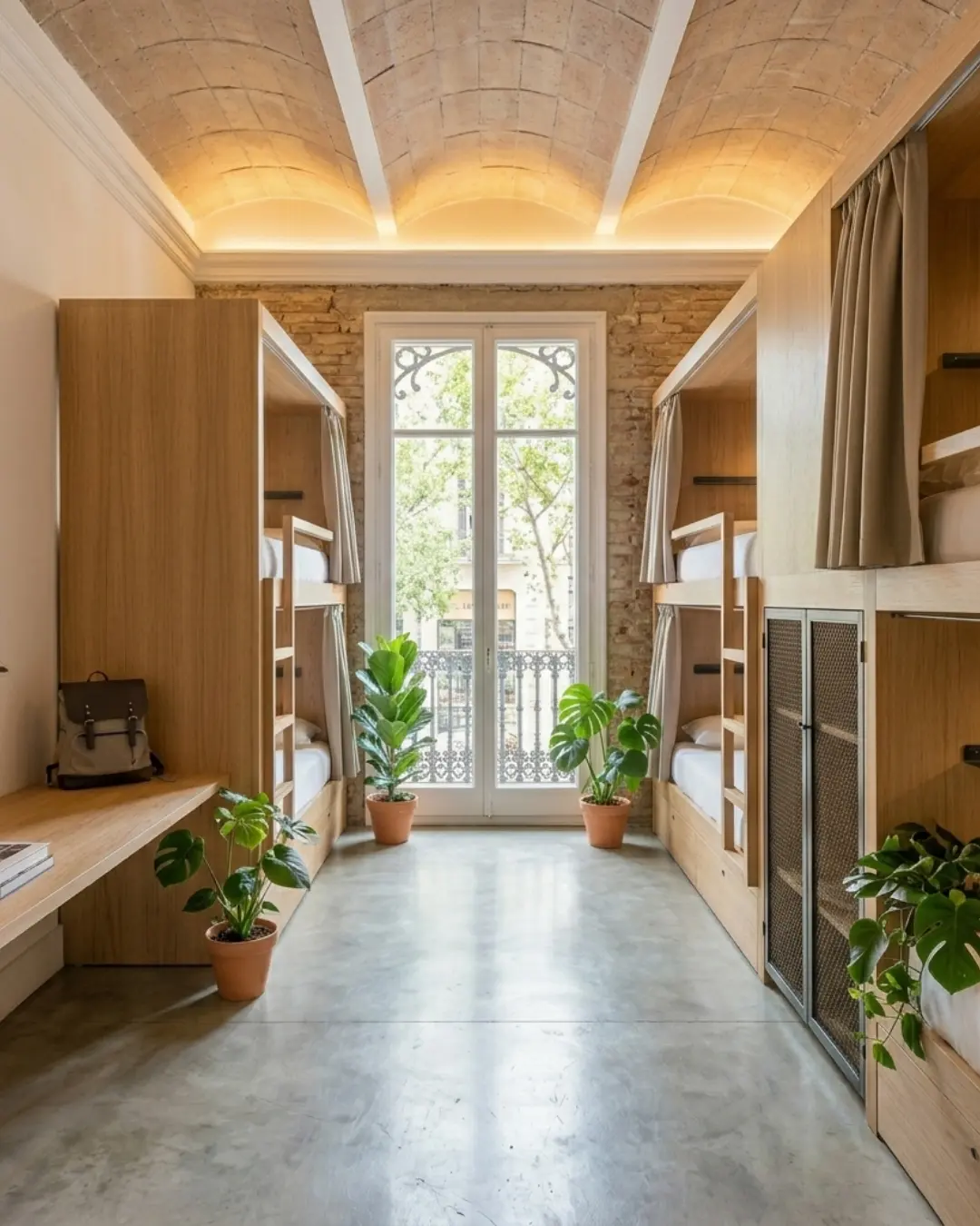 Dormitorio de hostel con literas y cortinas